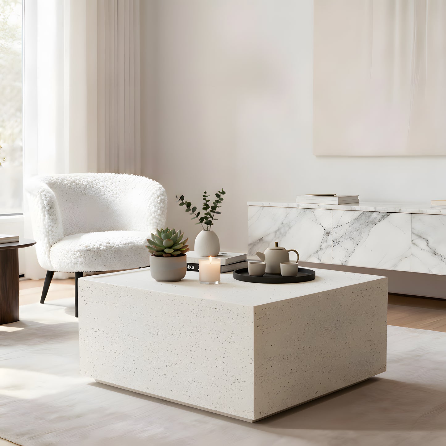 Festivo FST25121 28" Square MGO Coffee Table with a Natural Stone-Look Finish-Ivory Travertine