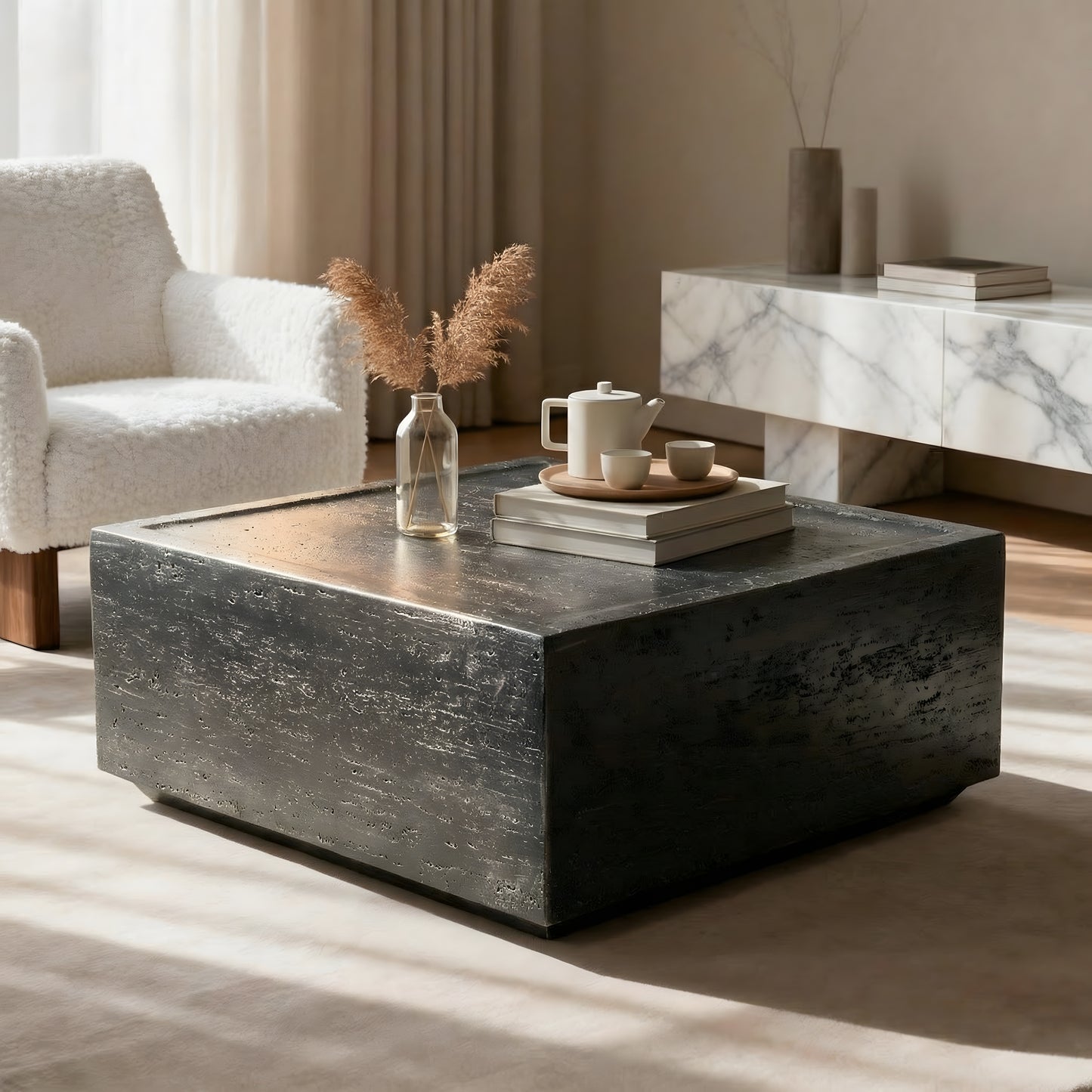 Festivo FST25122 28" Square MGO Coffee Table with a Natural Stone-Look Finish-Black Travertine