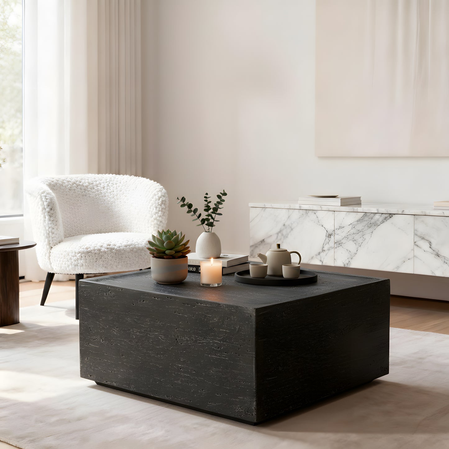Festivo FST25122 28" Square MGO Coffee Table with a Natural Stone-Look Finish-Black Travertine