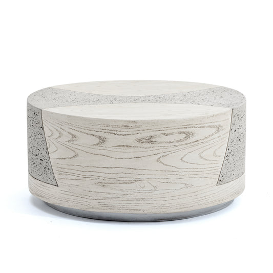 Festivo FST25131 28" Round MGO Coffee Table with a Natural Stone & Wood-Look Finish-Ivory Oak Travertine