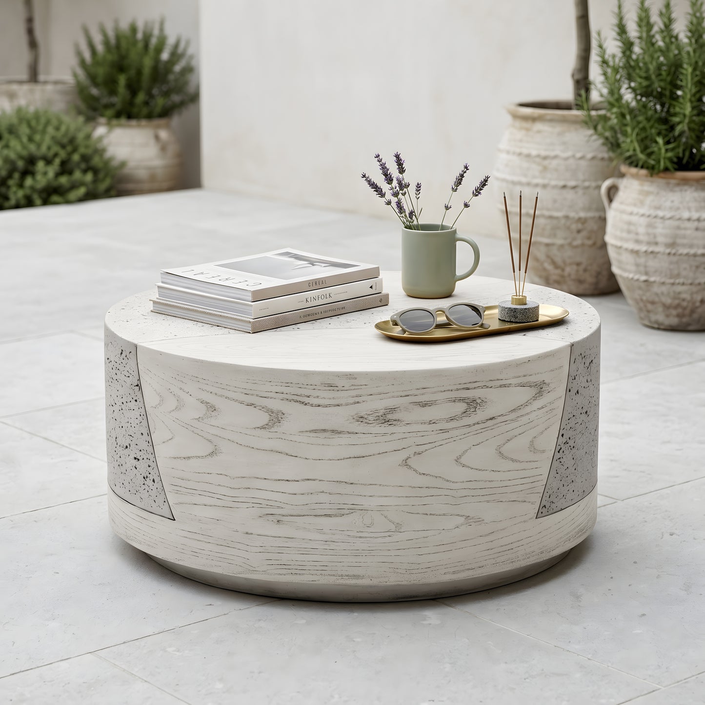 Festivo FST25131 28" Round MGO Coffee Table with a Natural Stone & Wood-Look Finish-Ivory Oak Travertine