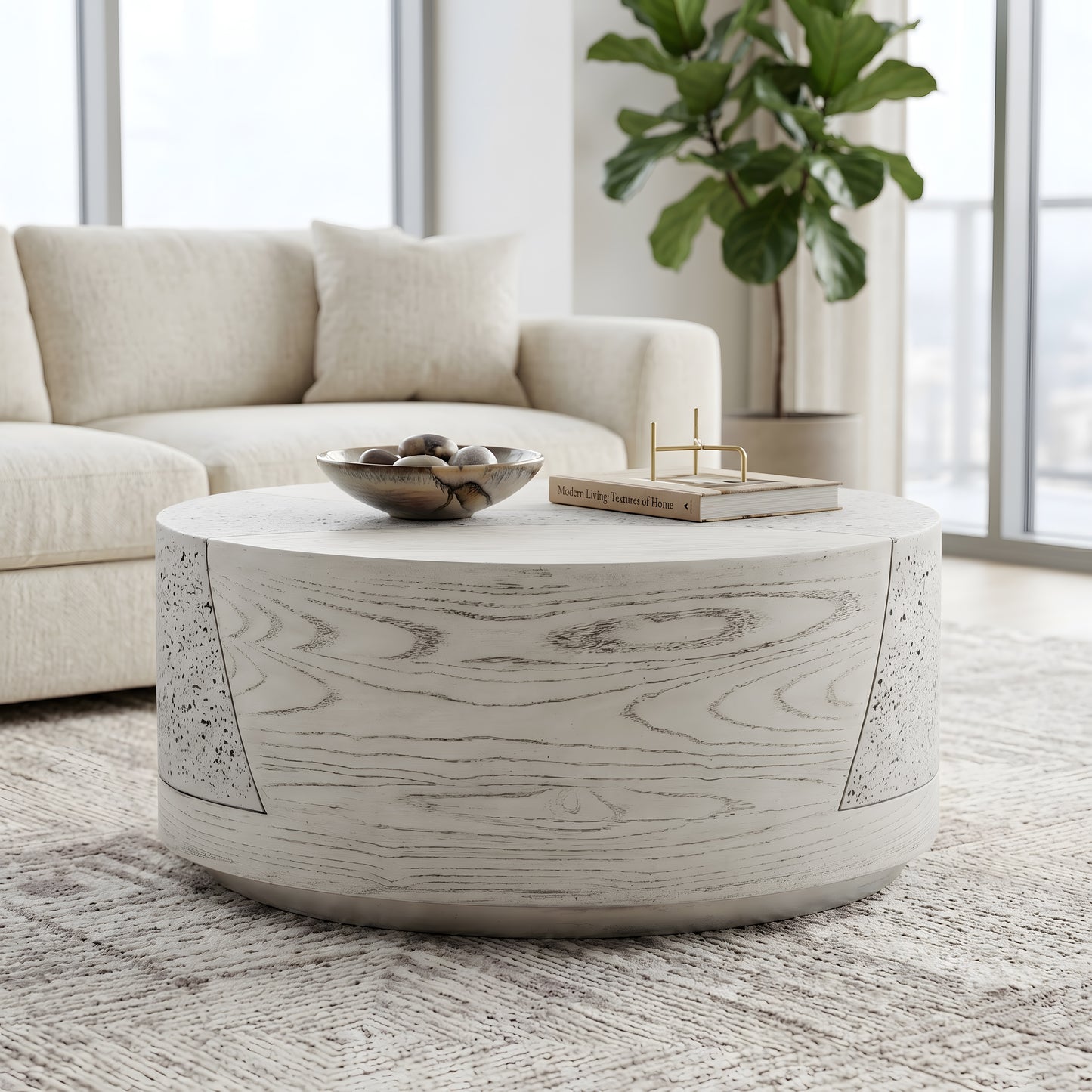 Festivo FST25131 28" Round MGO Coffee Table with a Natural Stone & Wood-Look Finish-Ivory Oak Travertine
