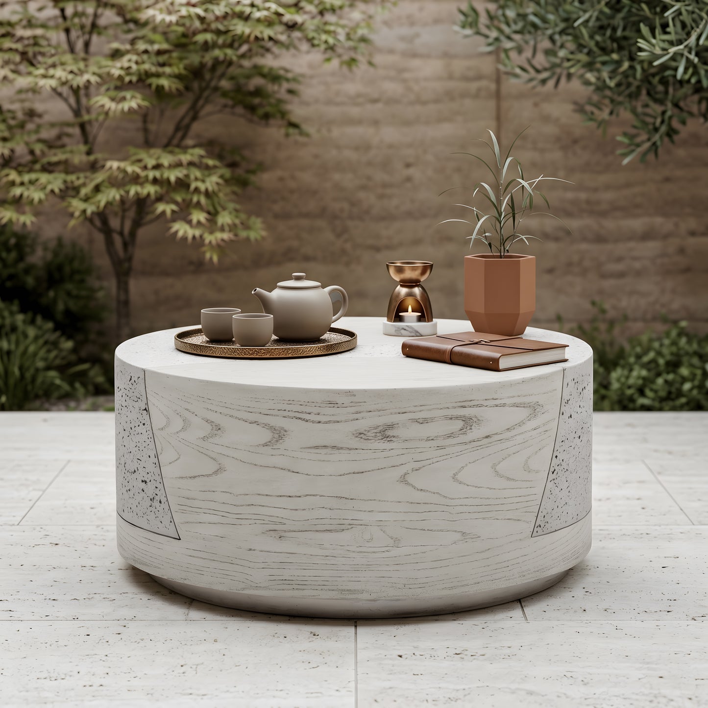 Festivo FST25131 28" Round MGO Coffee Table with a Natural Stone & Wood-Look Finish-Ivory Oak Travertine