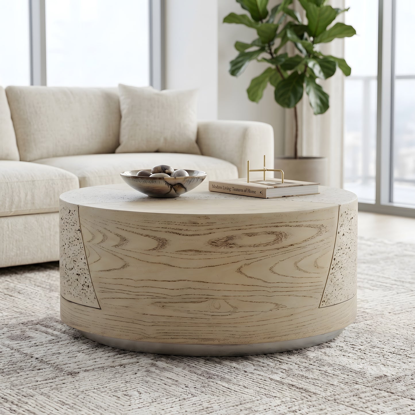 Festivo FST25132 28" Round MGO Coffee Table with a Natural Stone & Wood-Look Finish-Sahara Oak Travertine