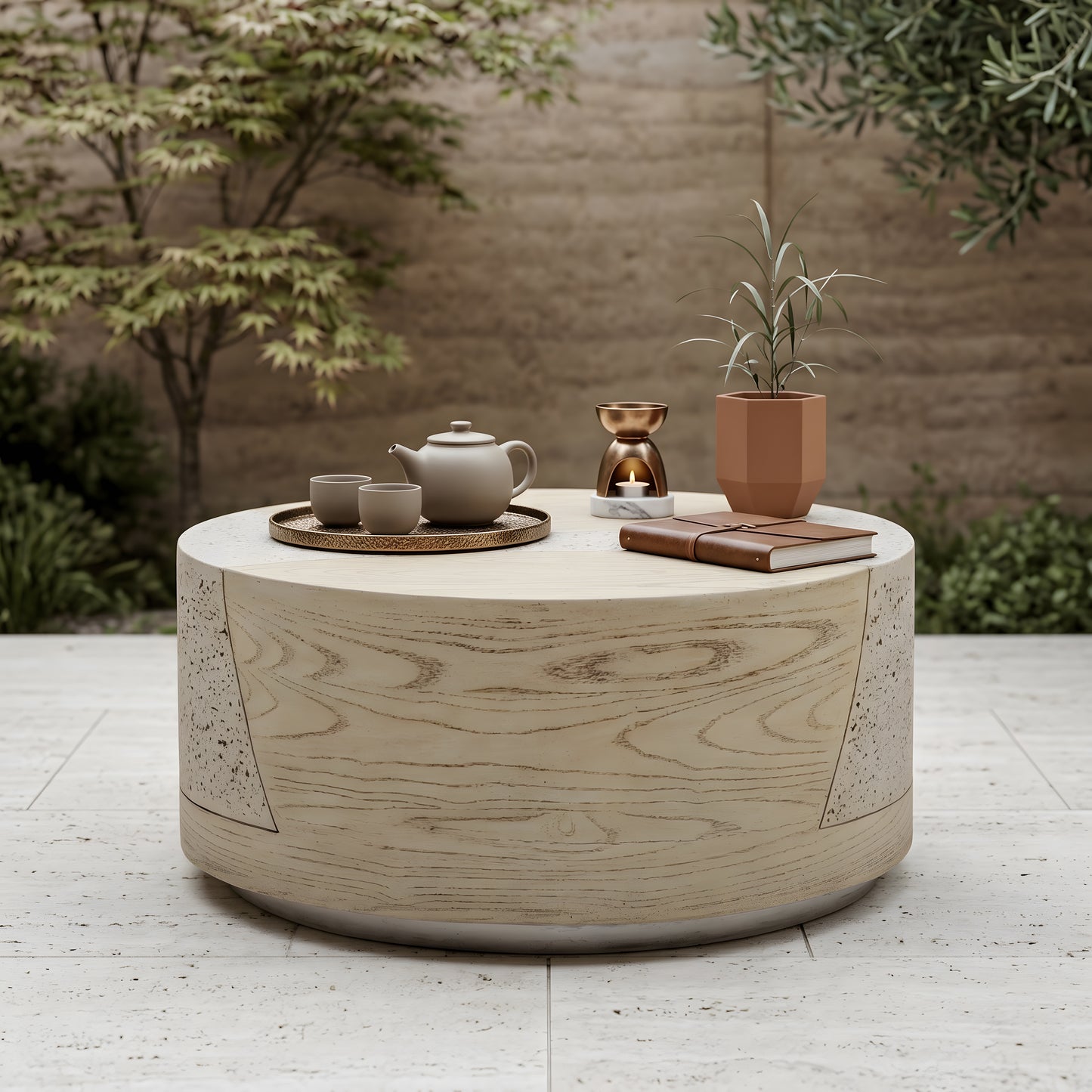 Festivo FST25132 28" Round MGO Coffee Table with a Natural Stone & Wood-Look Finish-Sahara Oak Travertine