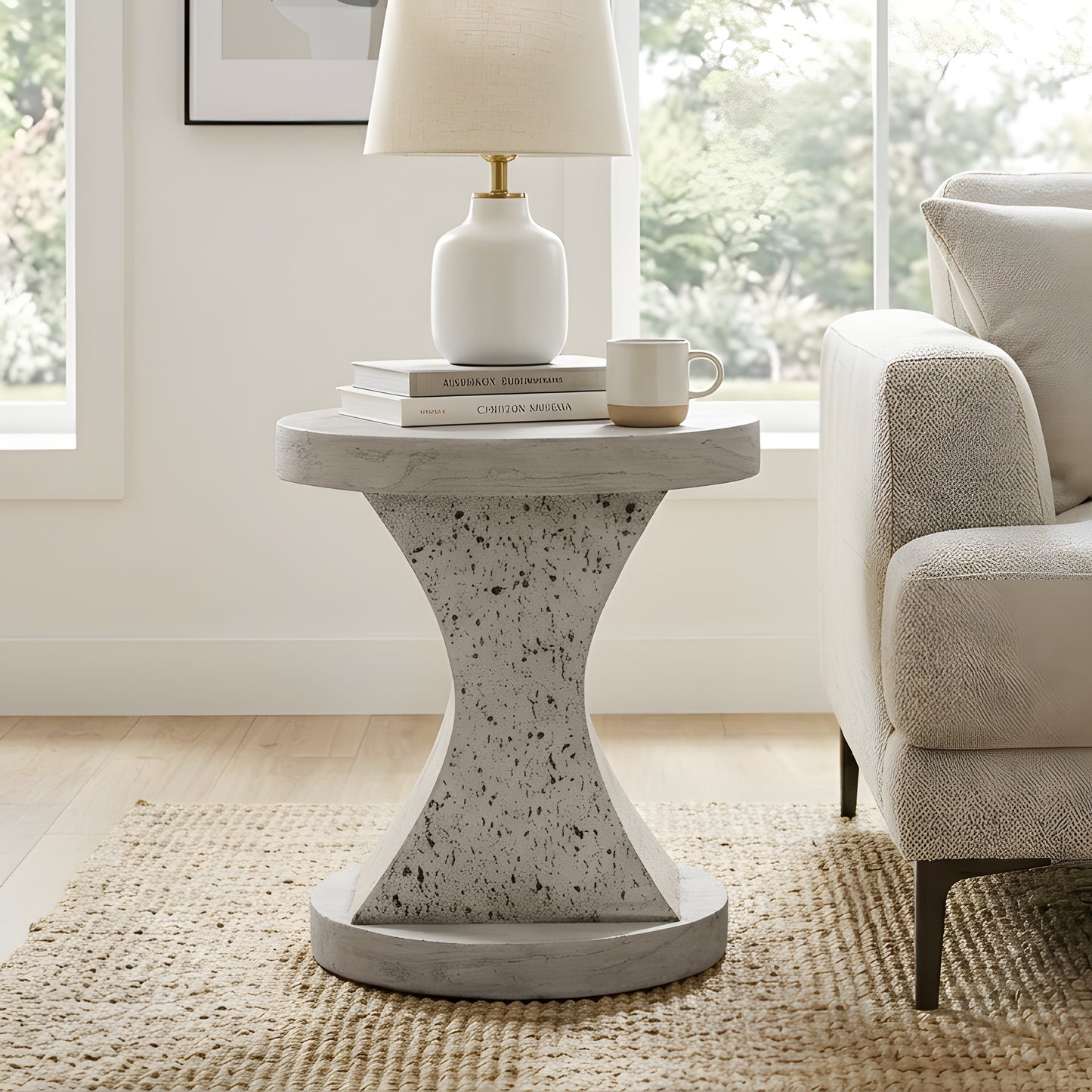 Festivo FST25141 17.91" Round MGO Side/End Table with a Natural Stone & Wood-Look Finish-Ivory Oak Travertine