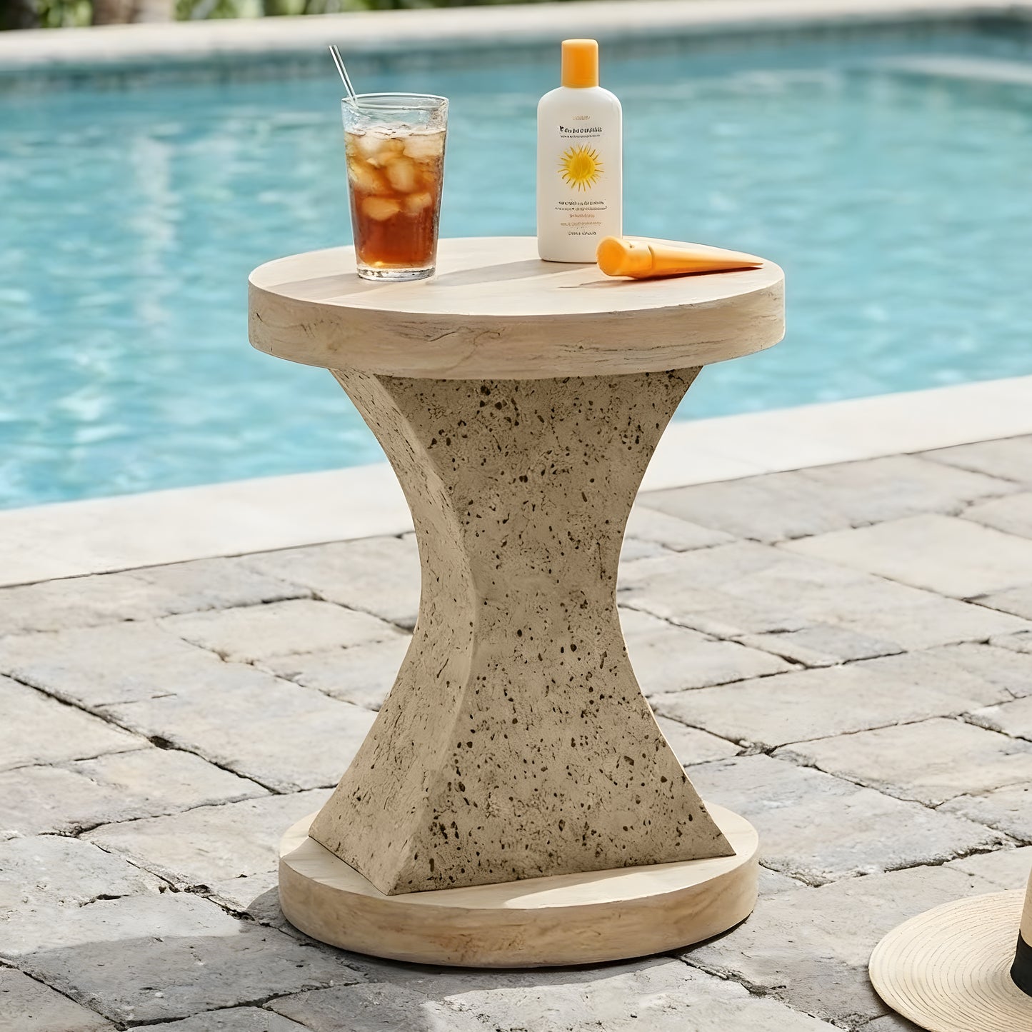 Festivo FST25142 17.91" Round MGO Side/End Table with a Natural Stone & Wood-Look Finish-Sahara Oak Travertine