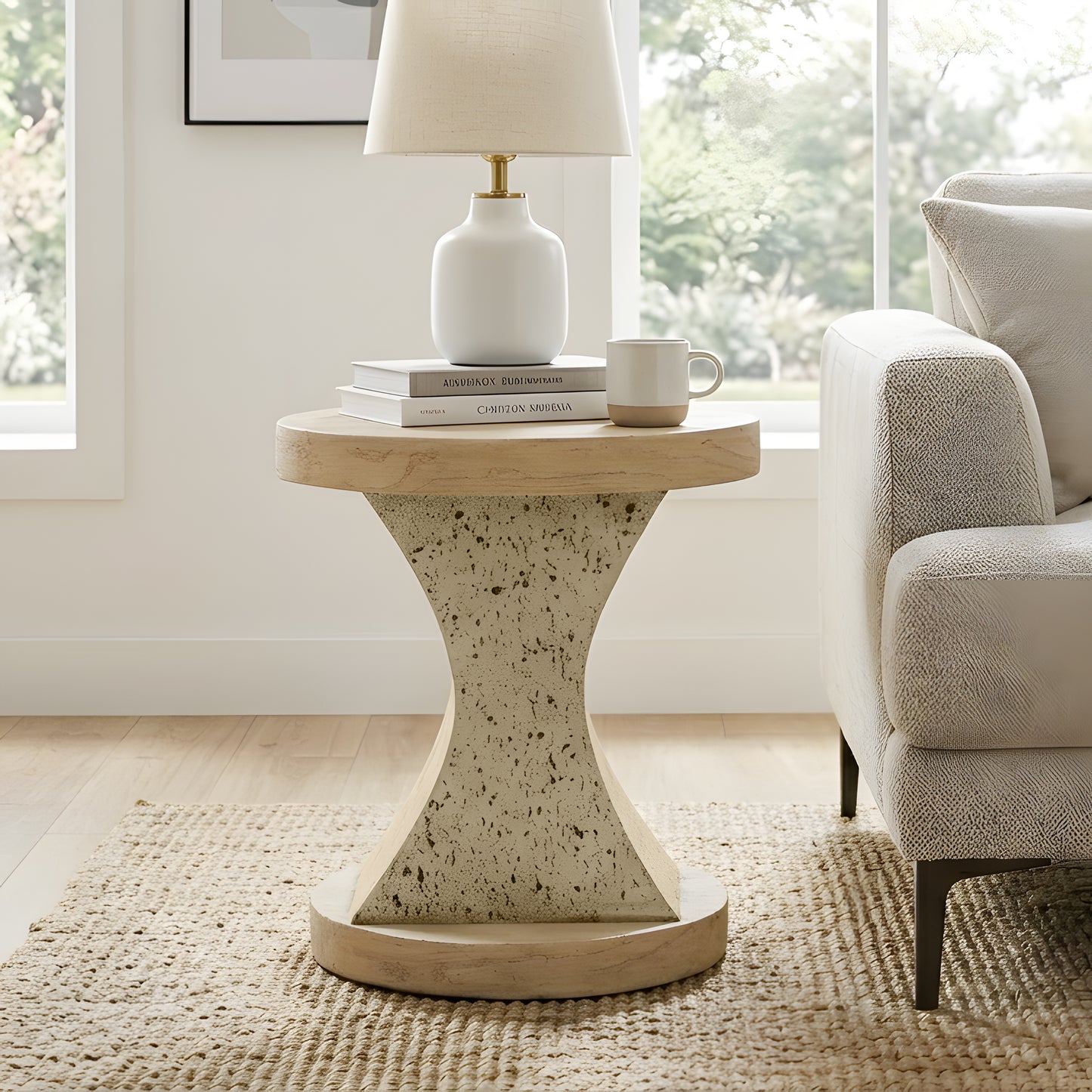 Festivo FST25142 17.91" Round MGO Side/End Table with a Natural Stone & Wood-Look Finish-Sahara Oak Travertine