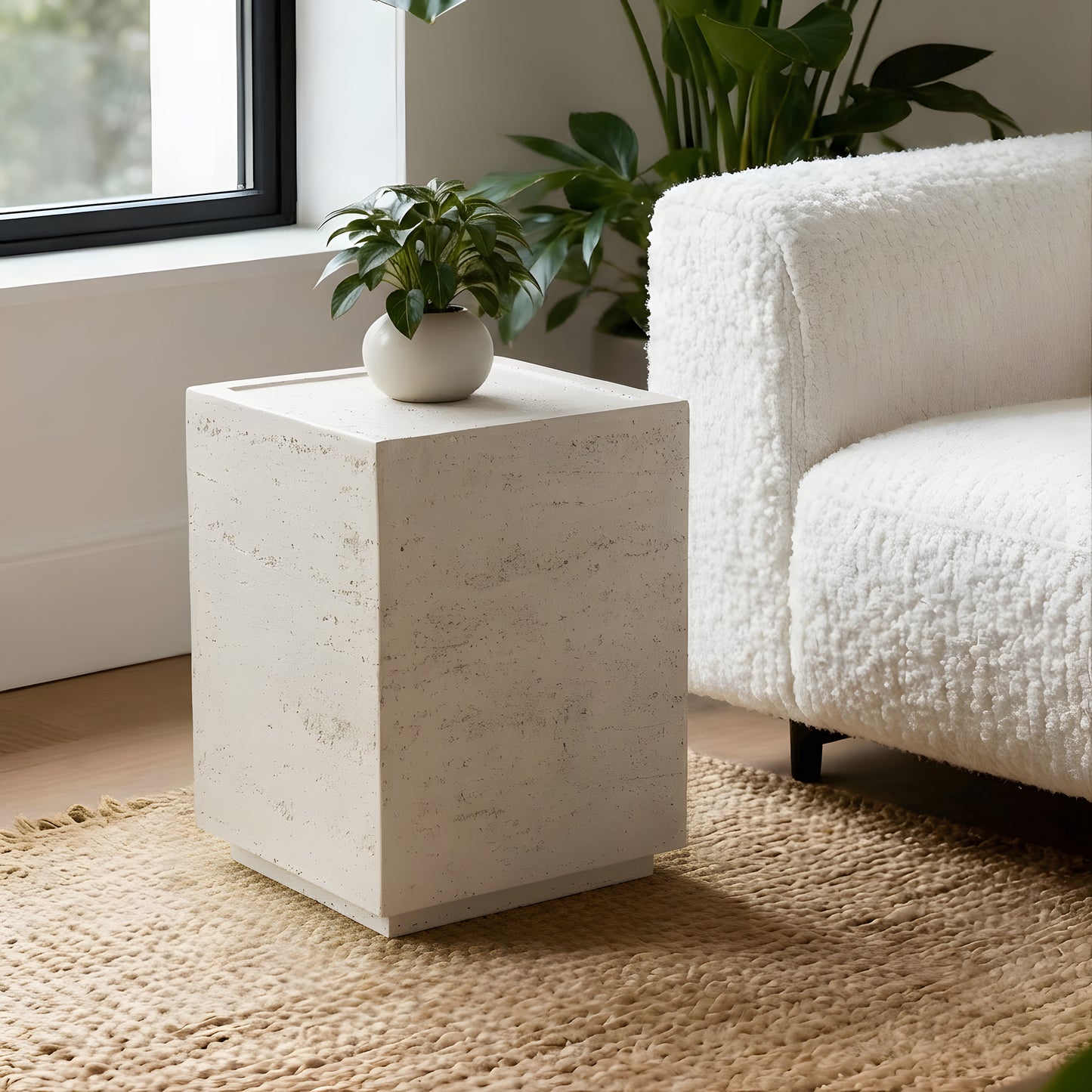 Festivo FST25151 14" Square MGO Side/End Table with a Natural Stone-Look Finish-Ivory Travertine