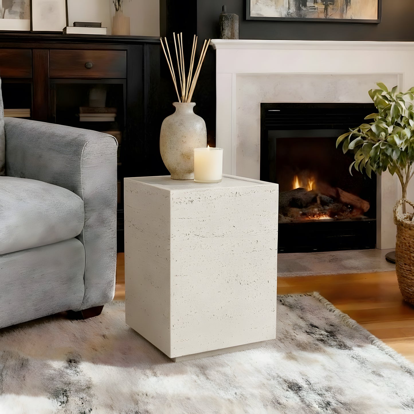 Festivo FST25151 14" Square MGO Side/End Table with a Natural Stone-Look Finish-Ivory Travertine