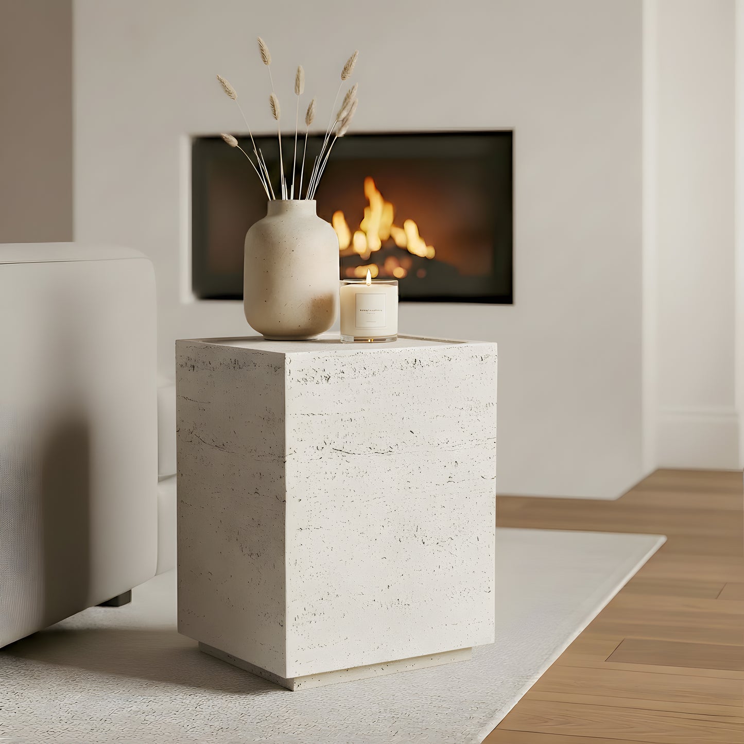 Festivo FST25151 14" Square MGO Side/End Table with a Natural Stone-Look Finish-Ivory Travertine