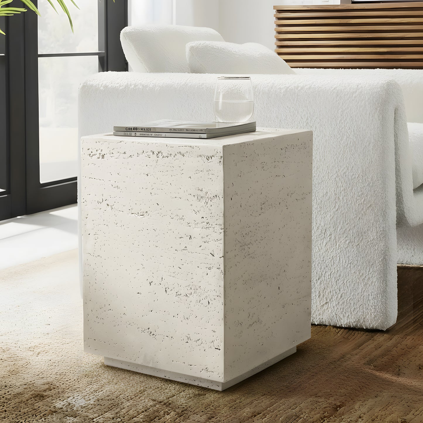 Festivo FST25151 14" Square MGO Side/End Table with a Natural Stone-Look Finish-Ivory Travertine