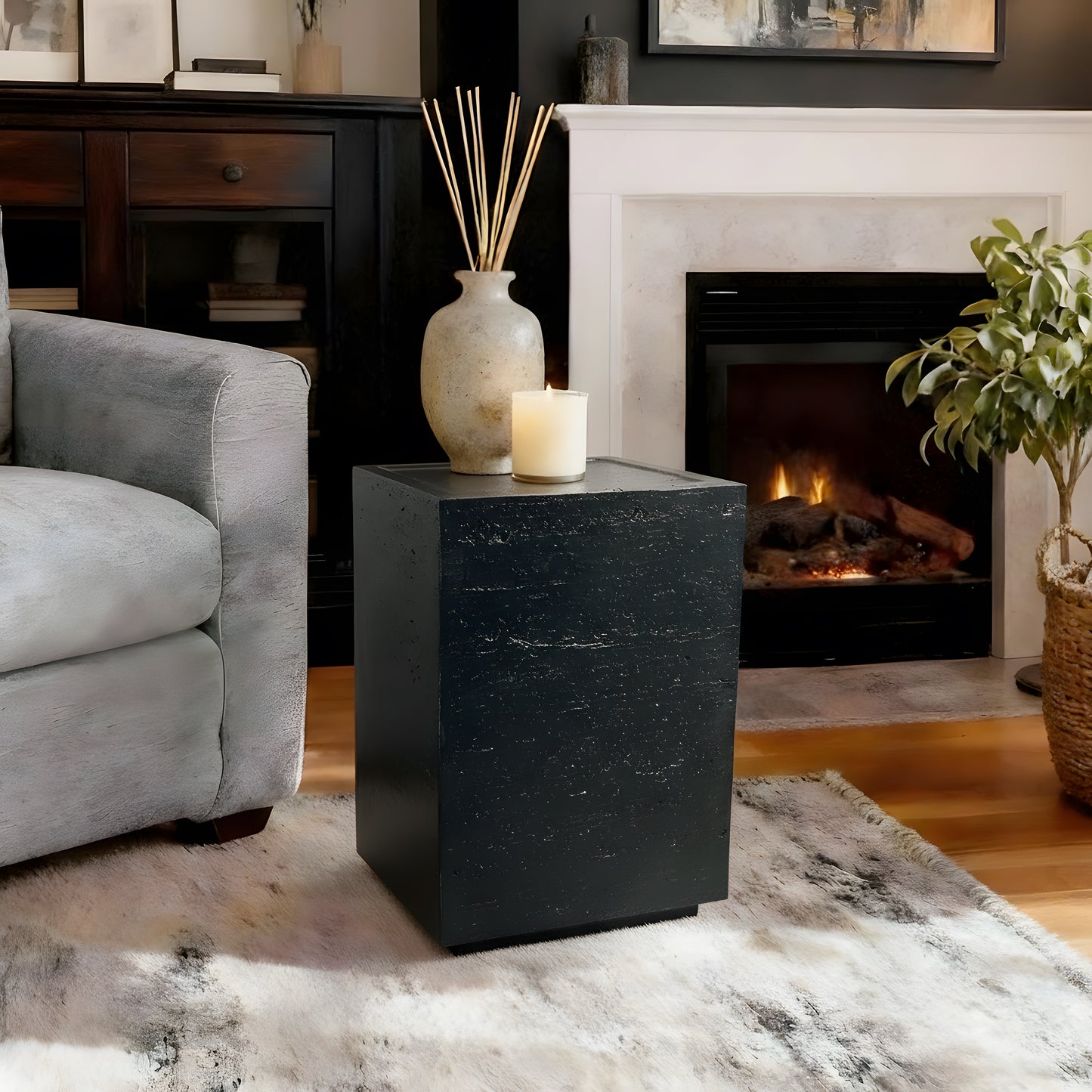 Festivo FST25152 14" Square MGO Side/End Table with a Natural Stone-Look Finish- Black Travertine
