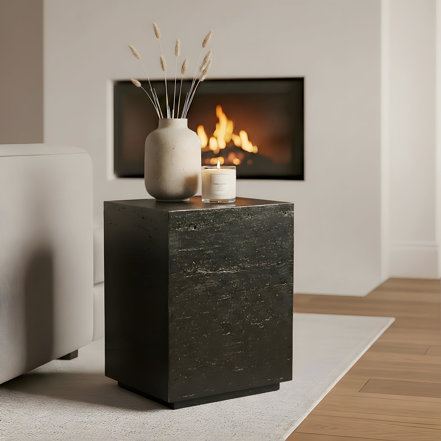 Festivo FST25152 14" Square MGO Side/End Table with a Natural Stone-Look Finish- Black Travertine