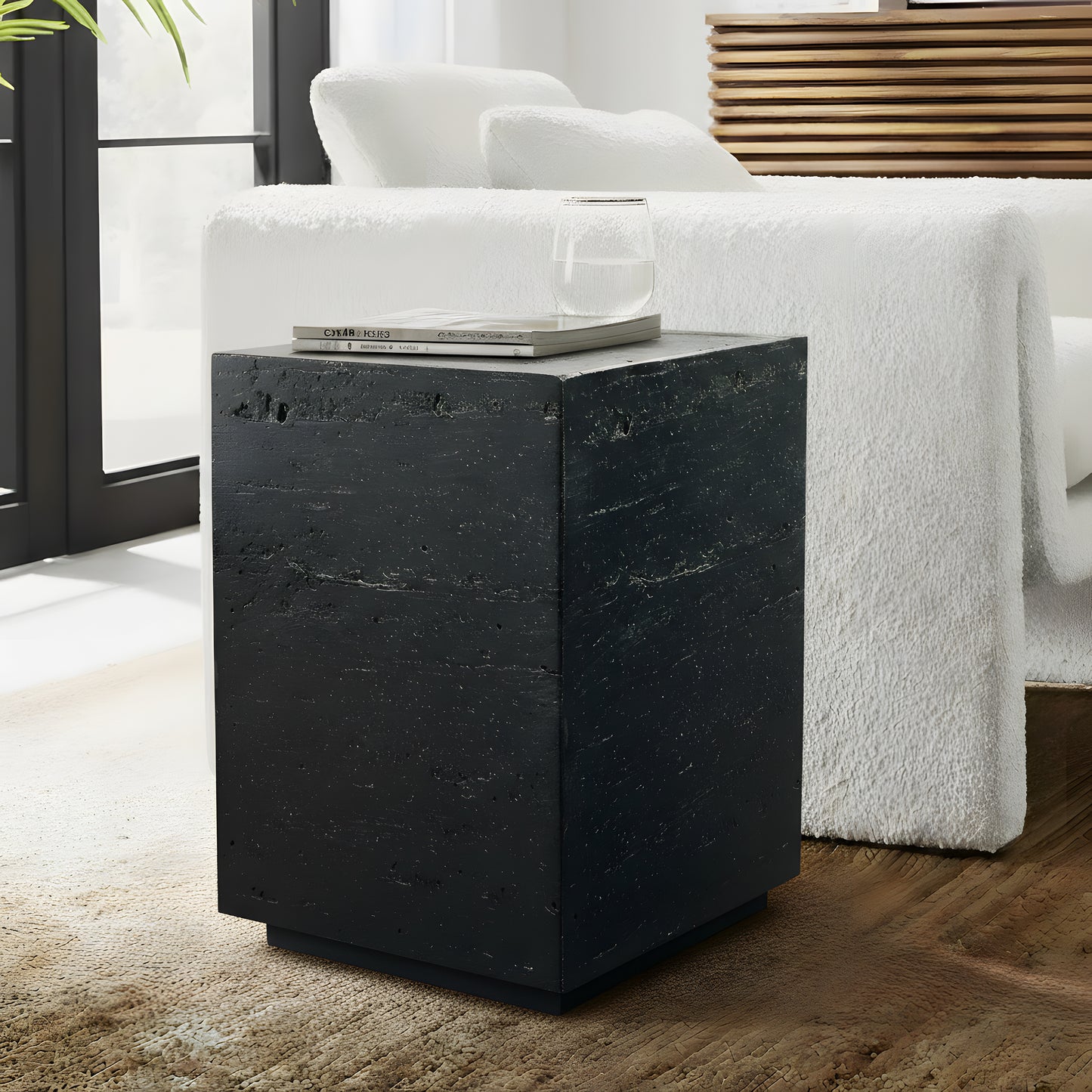 Festivo FST25152 14" Square MGO Side/End Table with a Natural Stone-Look Finish- Black Travertine