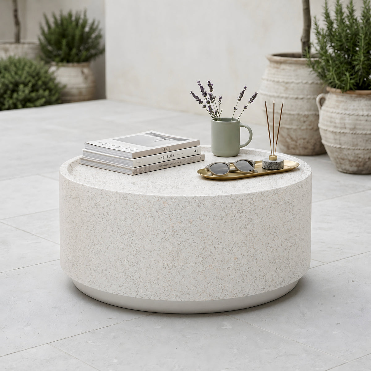 Festivo FCT26131 28" Round MGO Coffee Table with a Natural Stone Marble-Look Finish-Cloud Ceramic White