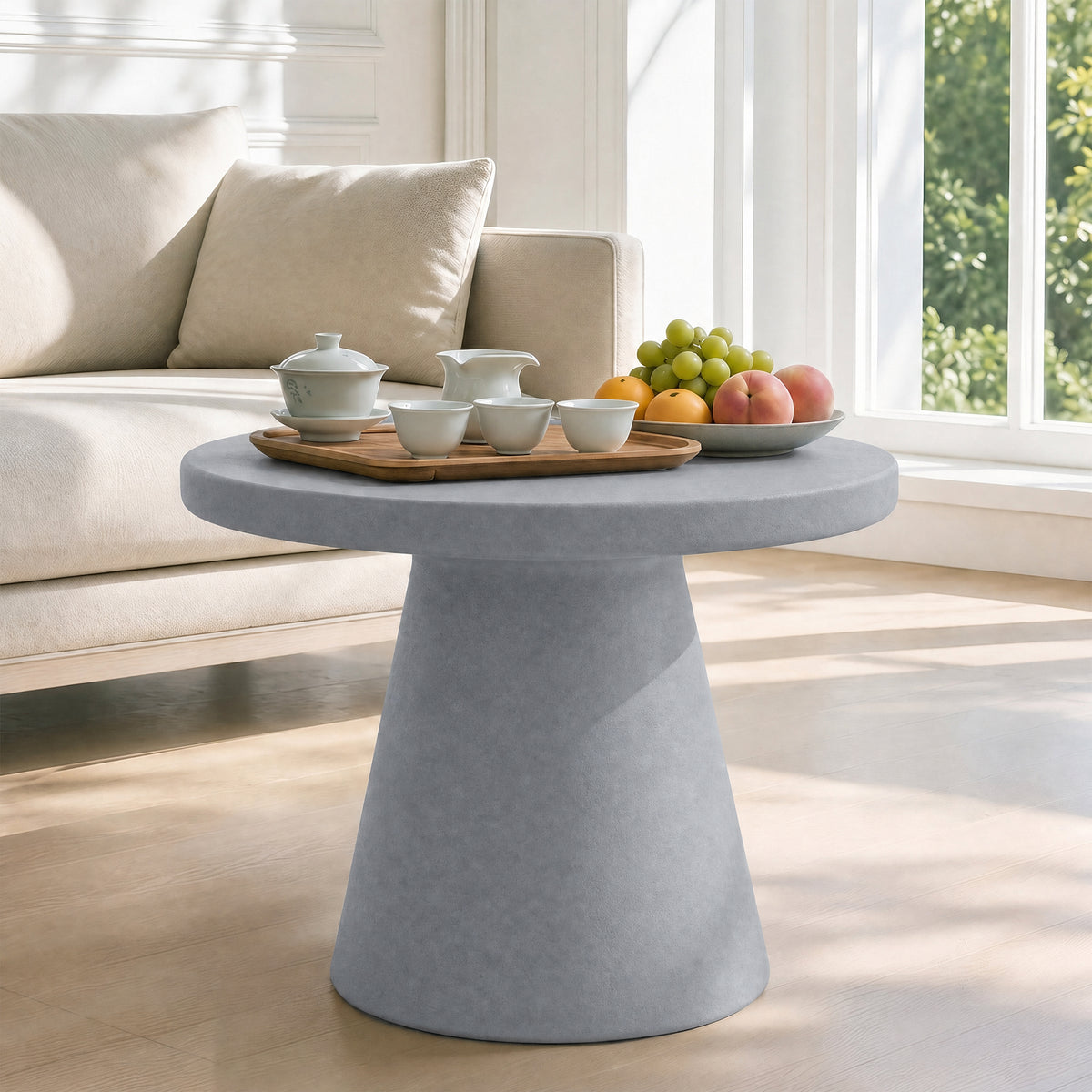 Festivo FST26151 22.83" Round Pedestal MGO Side/End Table with a Natural Stone-Look Finish-Cement Gray