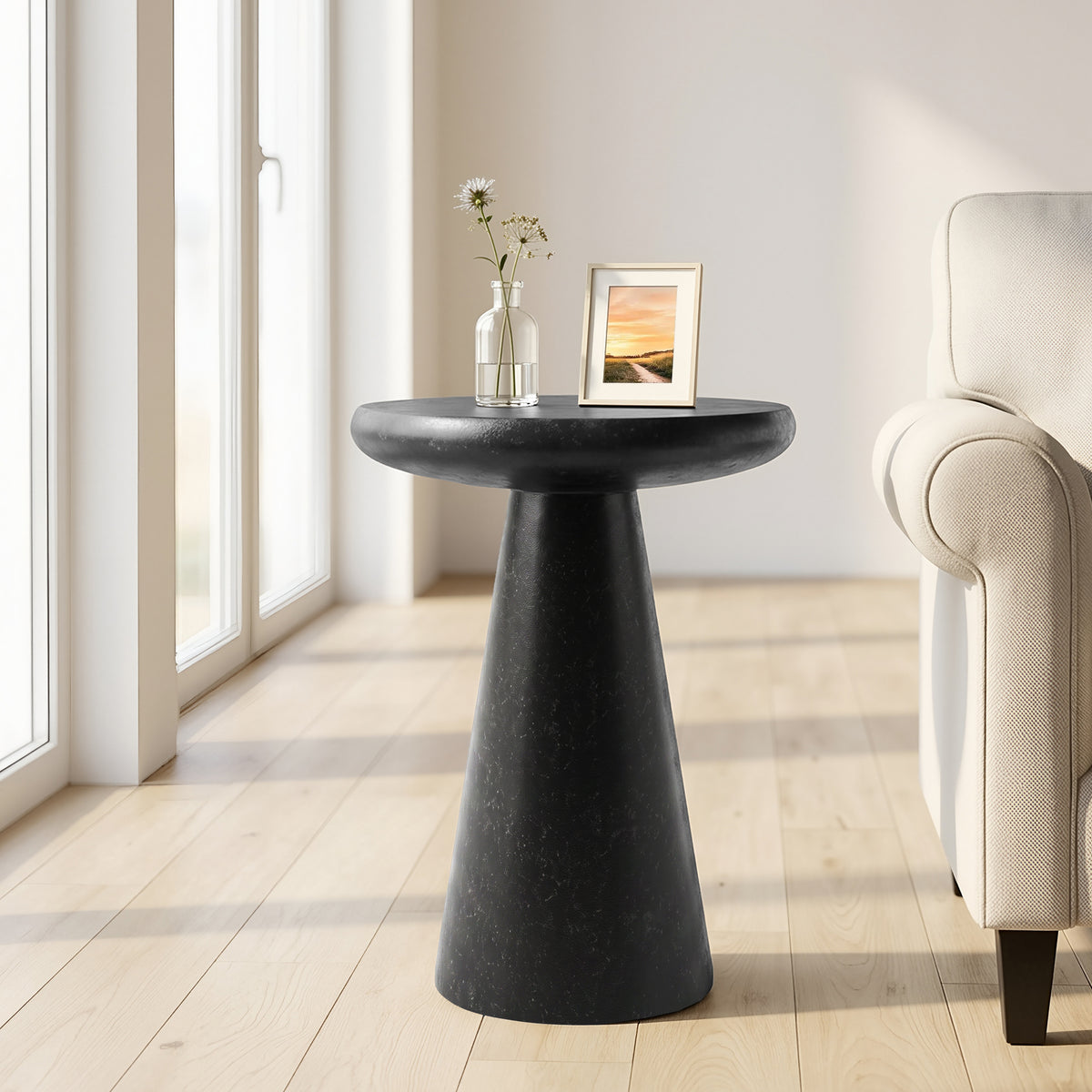 Festivo FST26161 16.14" Round Pedestal MGO Side/End Table with a Natural Stone-Look Finish-Gloss Ceramic Black