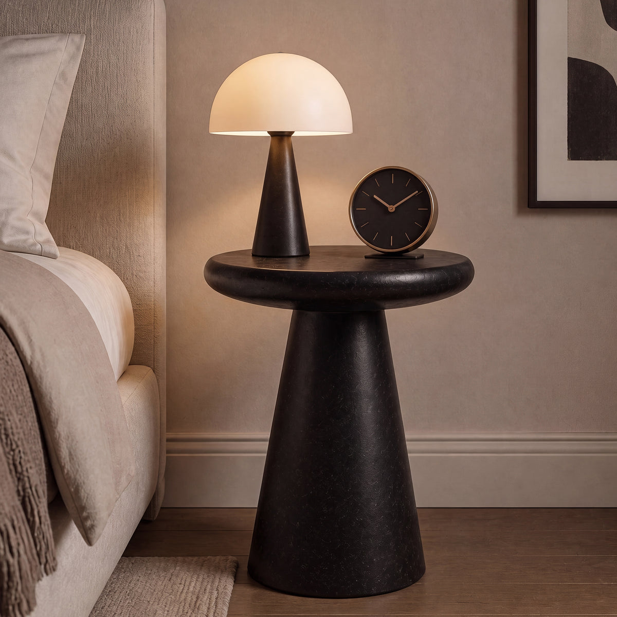 Festivo FST26161 16.14" Round Pedestal MGO Side/End Table with a Natural Stone-Look Finish-Gloss Ceramic Black