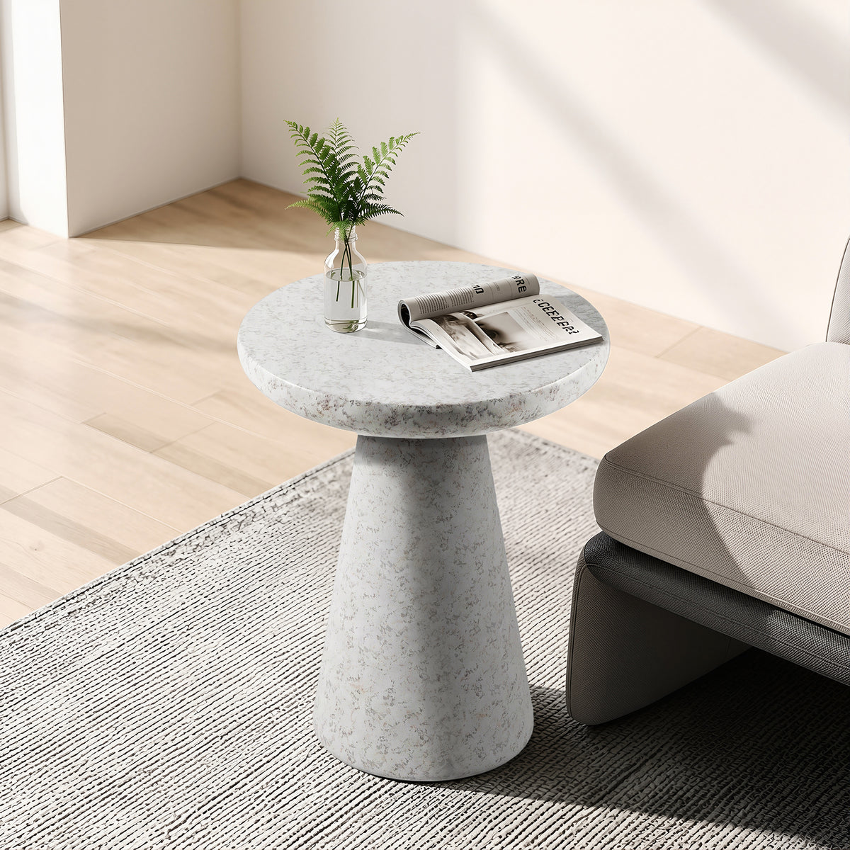 Festivo FST26162 16.14" Round Pedestal MGO Side/End Table with a Natural Stone-Look Finish-Cloud Ceramic White