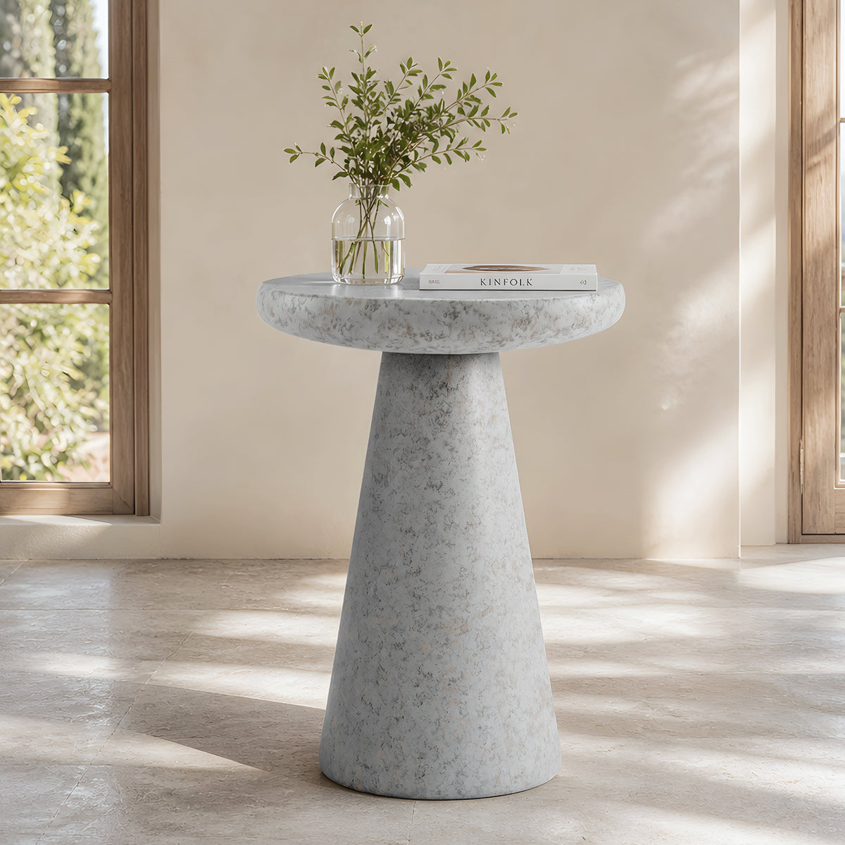 Festivo FST26162 16.14" Round Pedestal MGO Side/End Table with a Natural Stone-Look Finish-Cloud Ceramic White