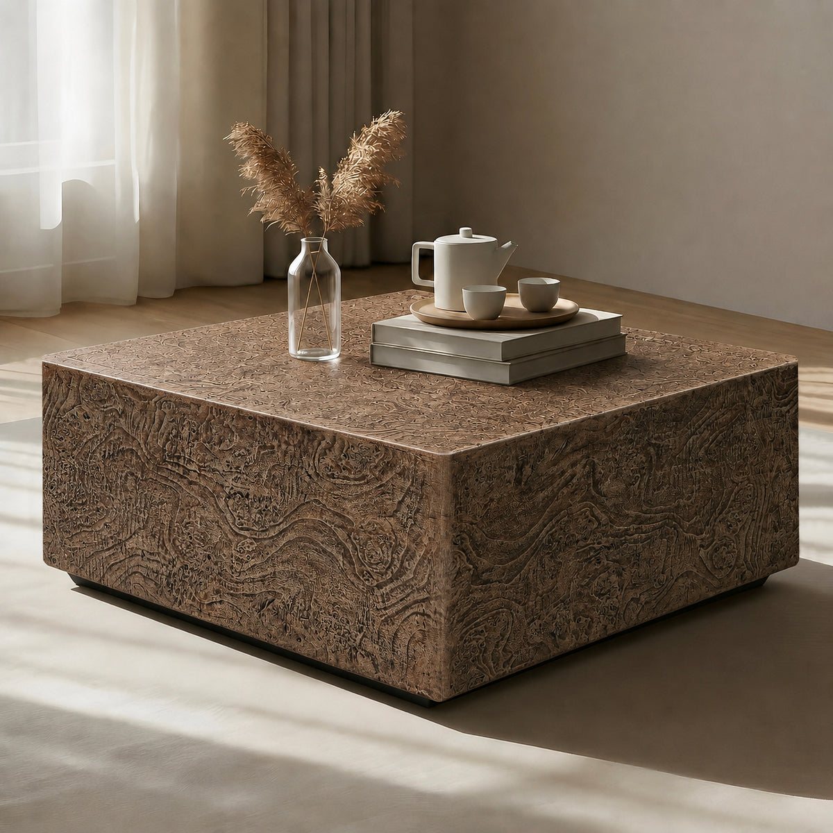 Festivo FCT26222 28" Square MGO Coffee Table with a Natural Stone-Look Finish-Warm Brown Burl