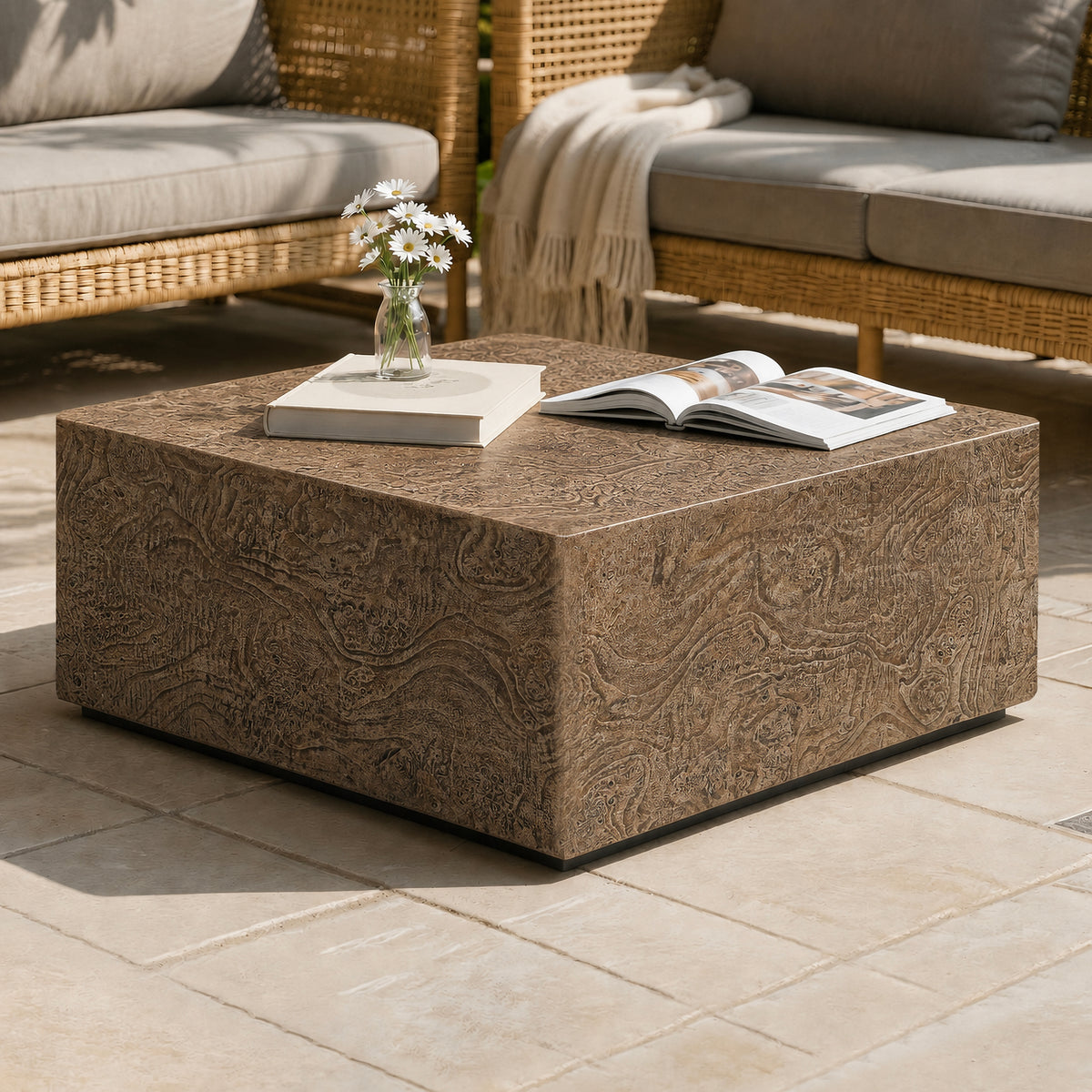 Festivo FCT26222 28" Square MGO Coffee Table with a Natural Stone-Look Finish-Warm Brown Burl