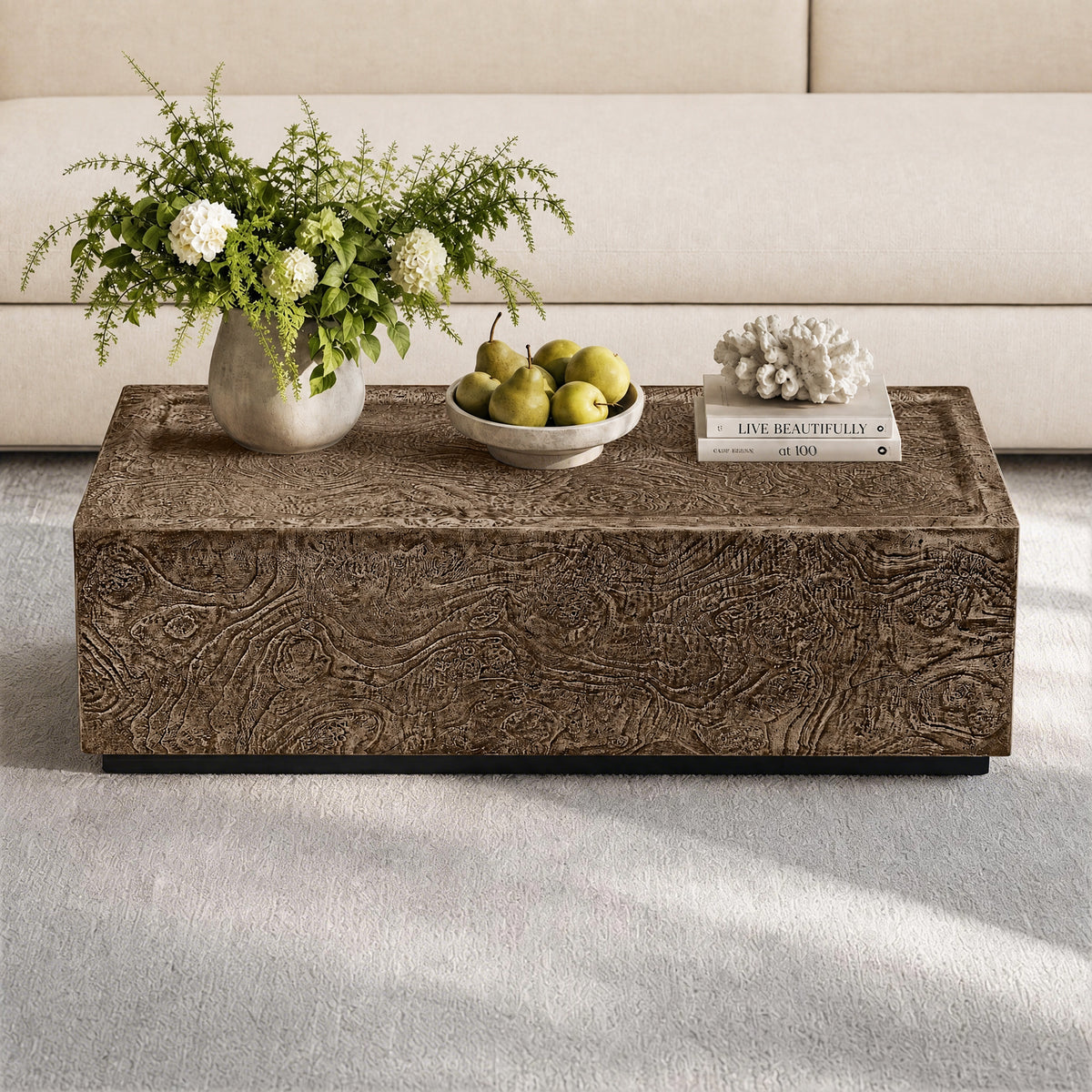 Festivo FCT26212 40" Rectangular MGO Coffee Table with a Natural Stone Burl-Look Finish-Warm Brown Burl