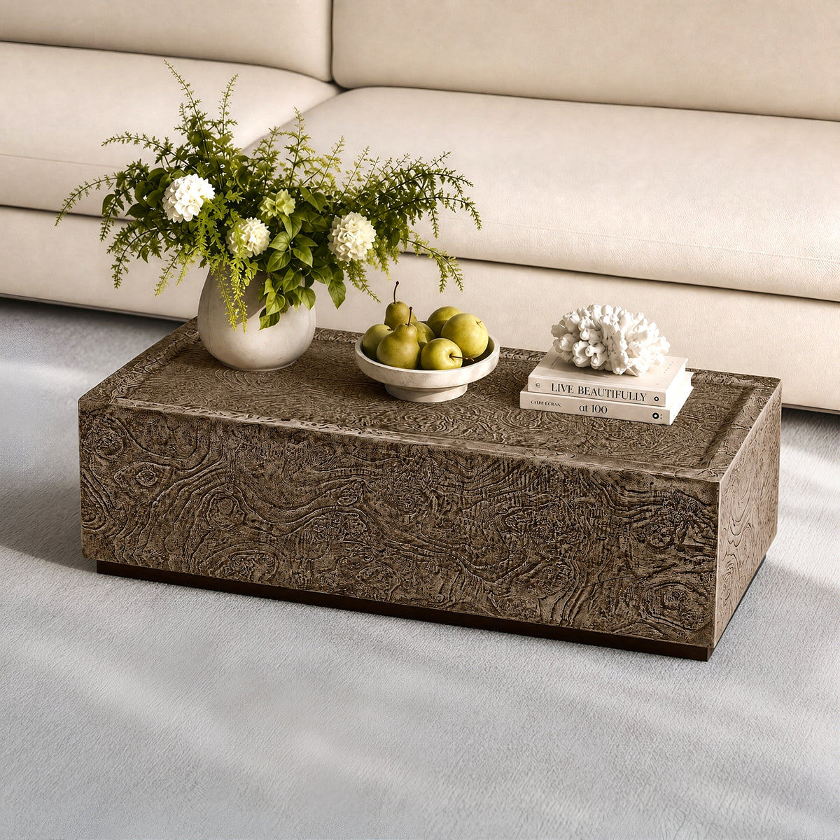 Festivo FCT26212 40" Rectangular MGO Coffee Table with a Natural Stone Burl-Look Finish-Warm Brown Burl