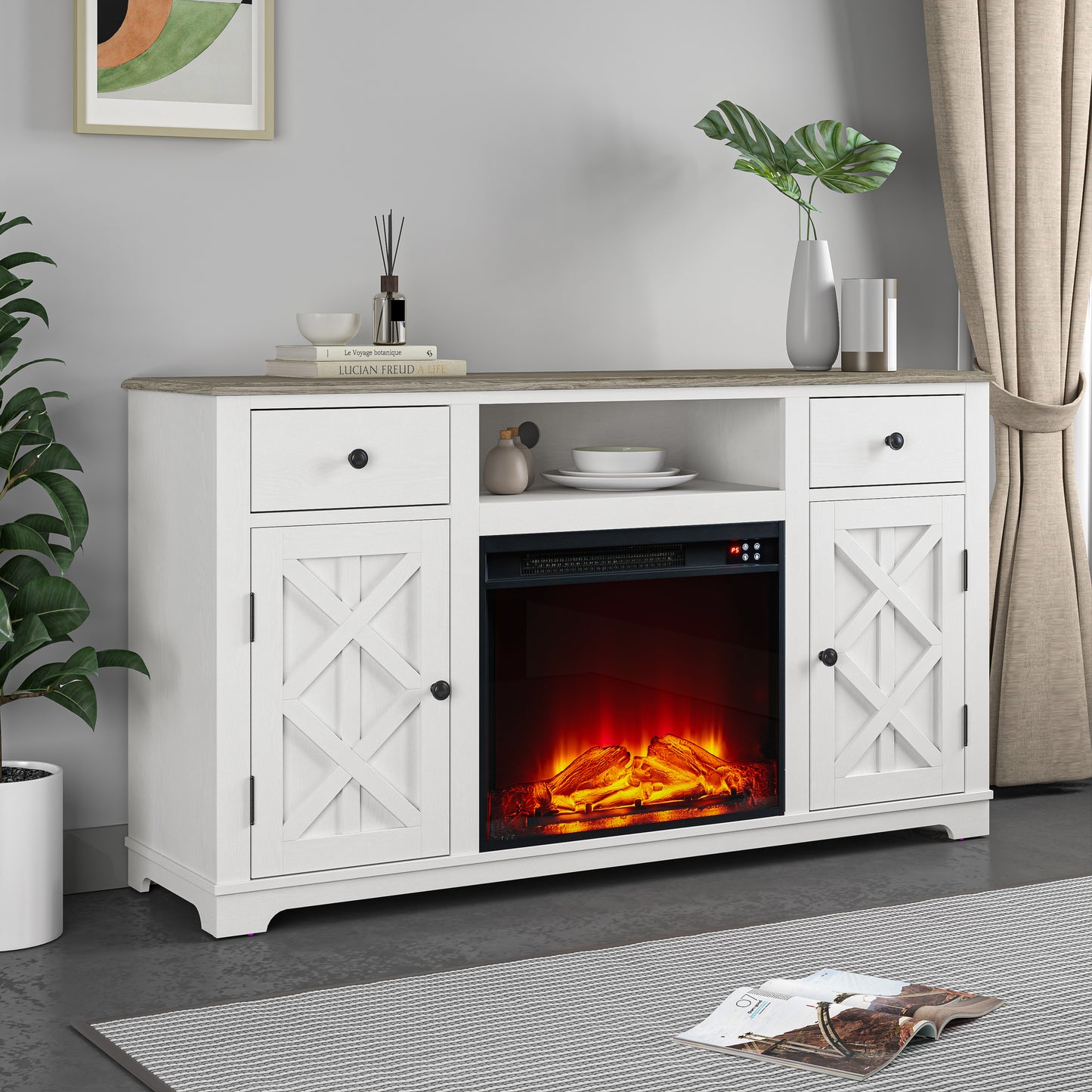 Festivo FTS23226 60" TV Stand with 23" Electric Fireplace-White