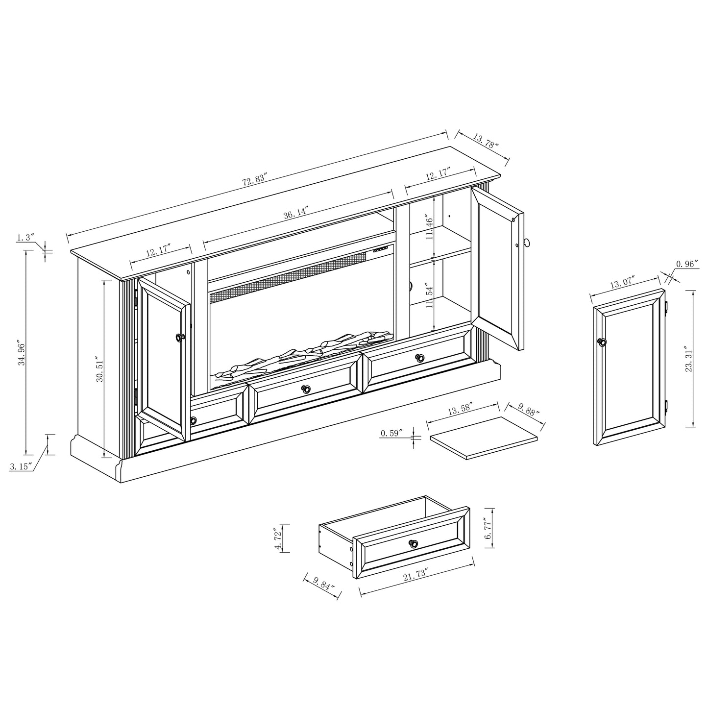 Festivo FTS23530 73" TV Stand with 36" Electric Fireplace-Brown