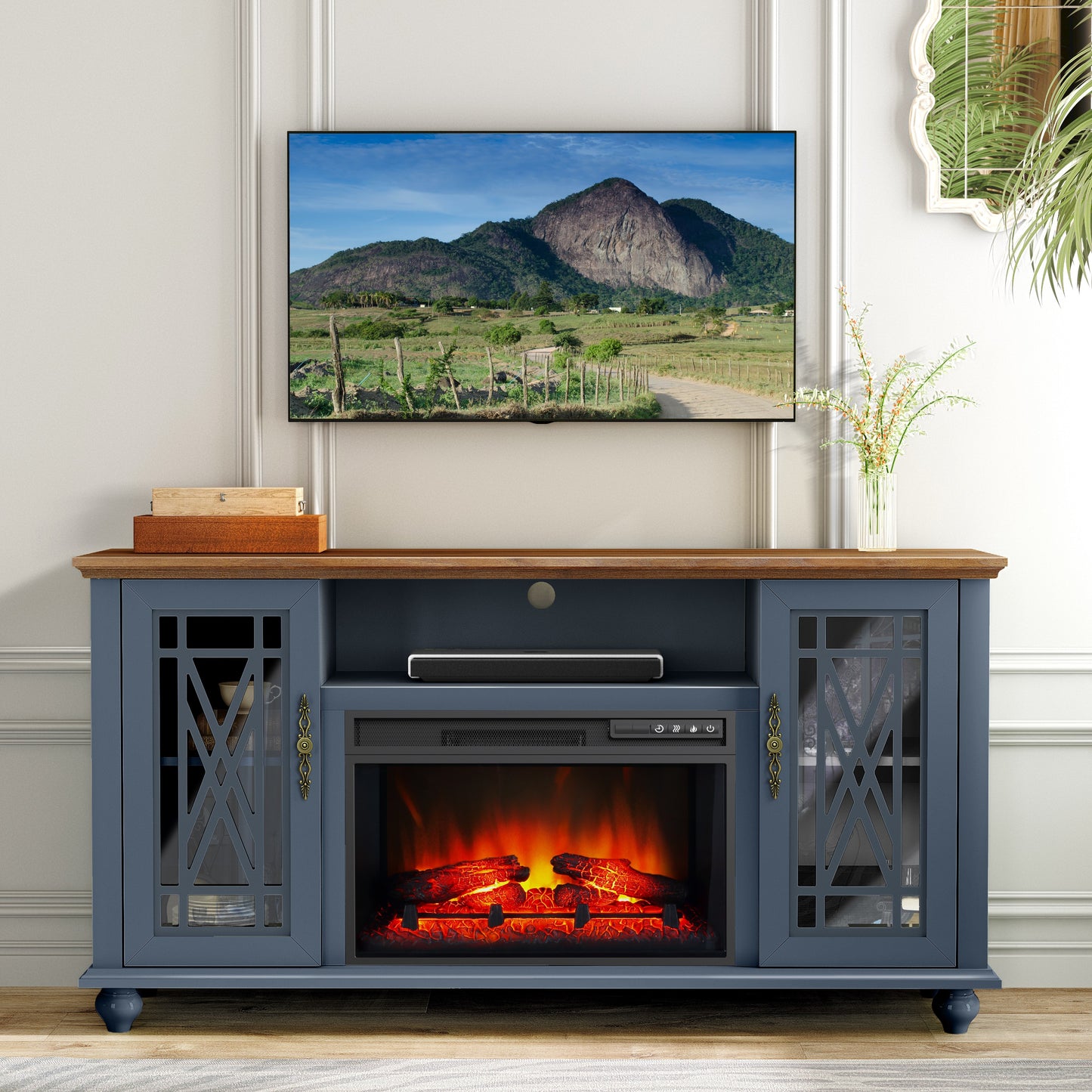 Festivo FTS24163 61" TV Stand with 26" Electric Fireplace-Navy
