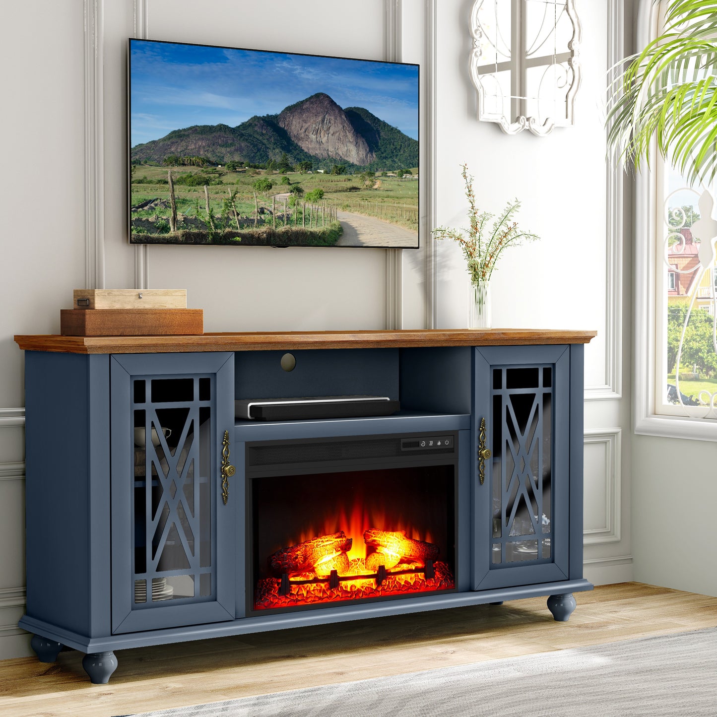 Festivo FTS24163 61" TV Stand with 26" Electric Fireplace-Navy
