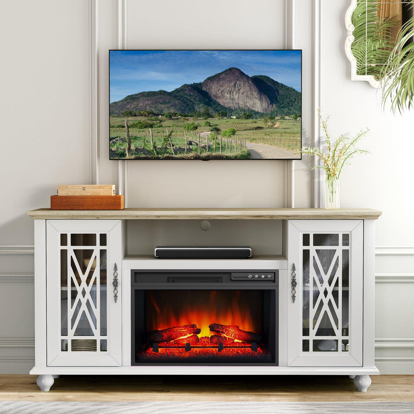 Festivo FTS24164 61" TV Stand with 26" Electric Fireplace-White