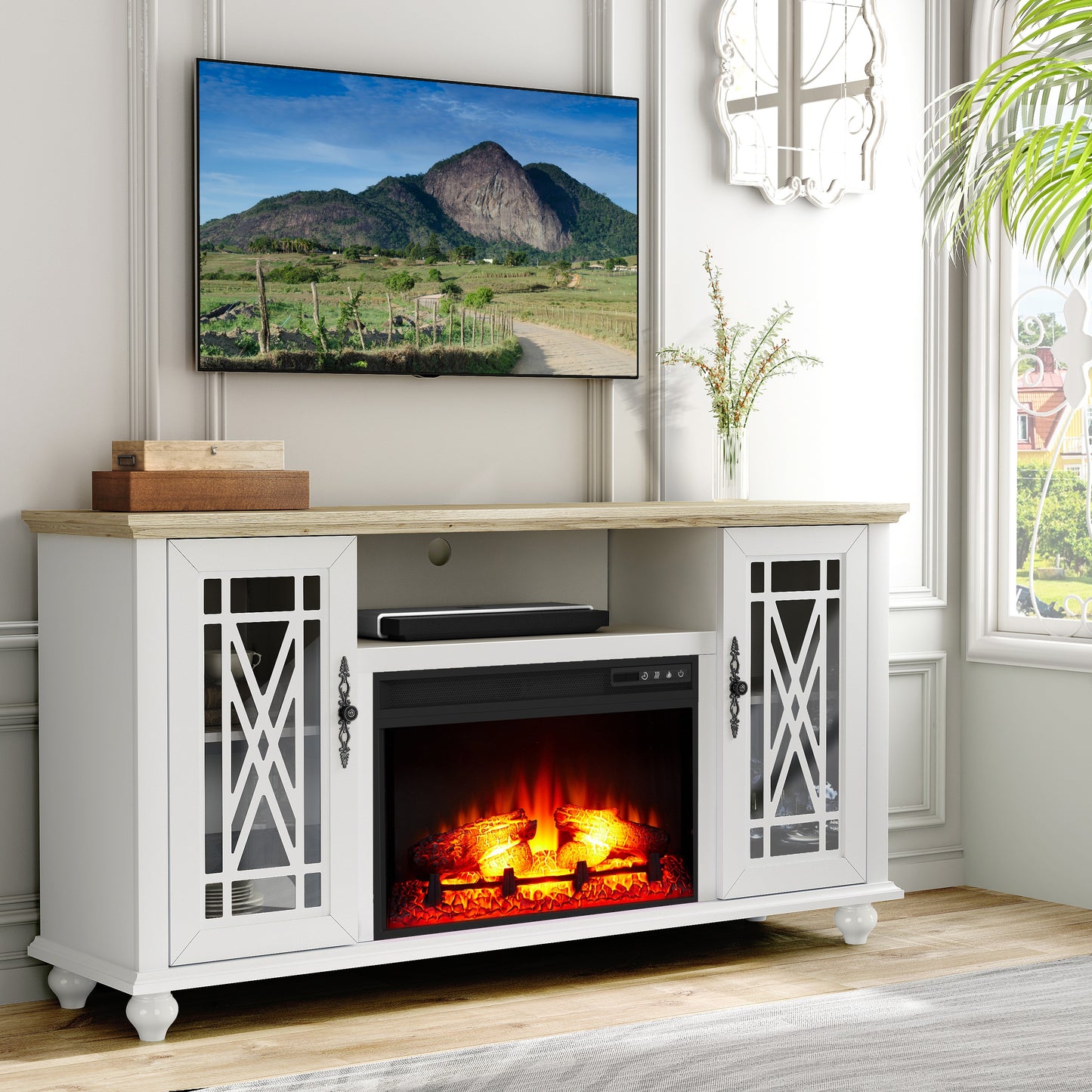 Festivo FTS24164 61" TV Stand with 26" Electric Fireplace-White