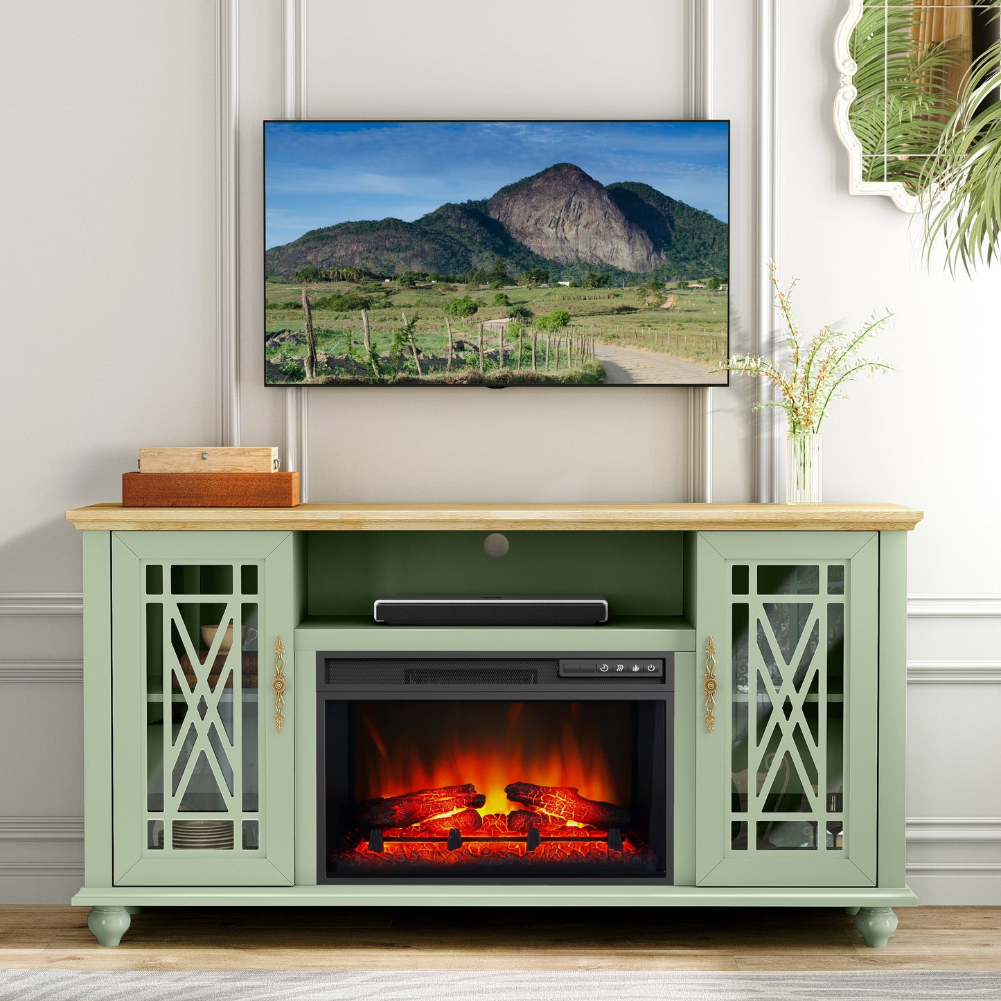 Festivo FTS24165 61" TV Stand with 26" Electric Fireplace-Green