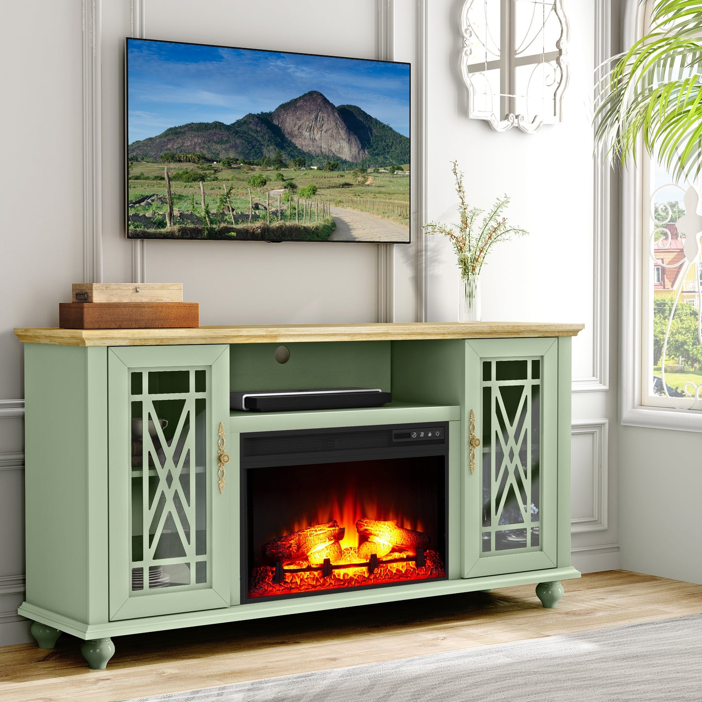 Festivo FTS24165 61" TV Stand with 26" Electric Fireplace-Green