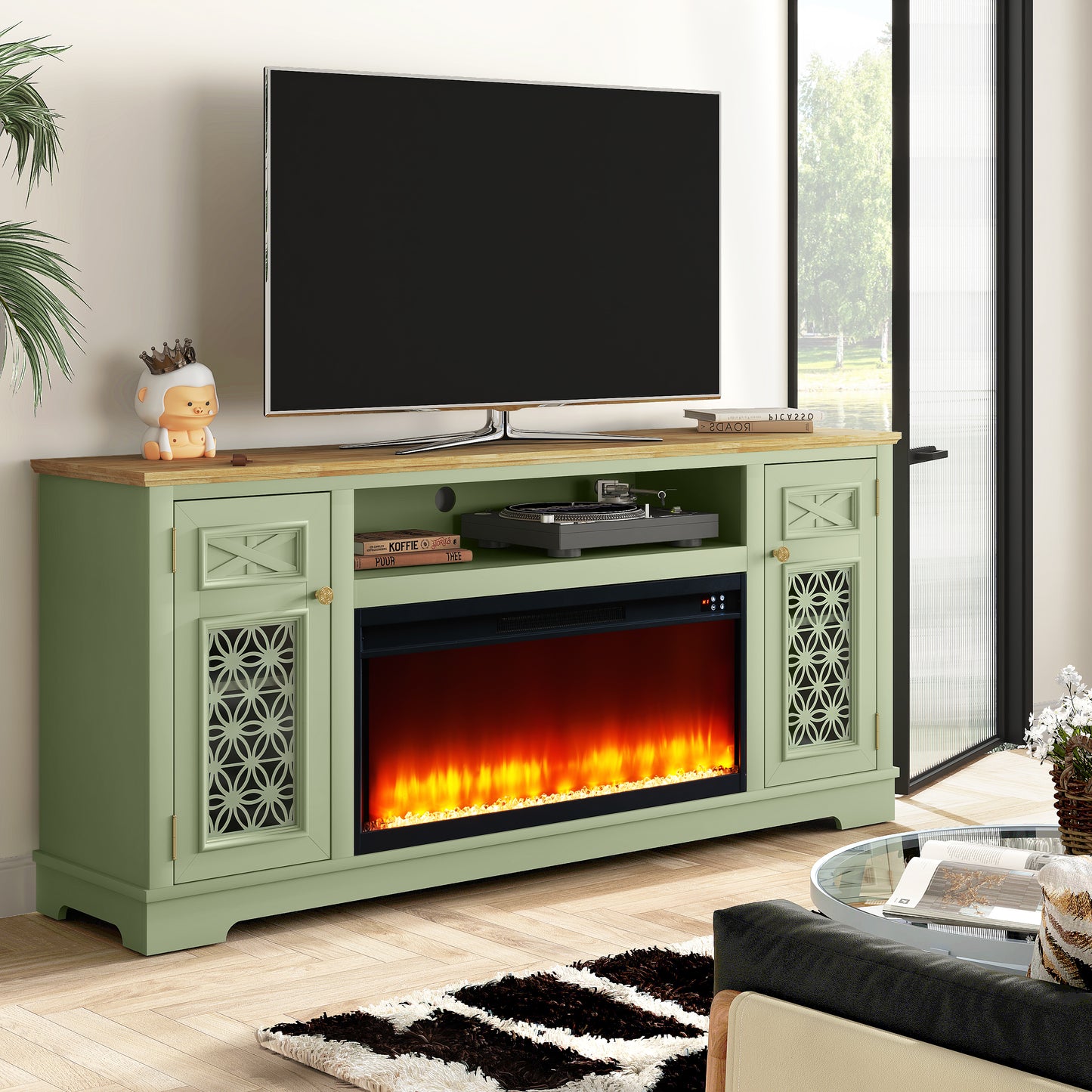 Festivo FTS24270 70" TV Stand with 36" Electric Fireplace-Green