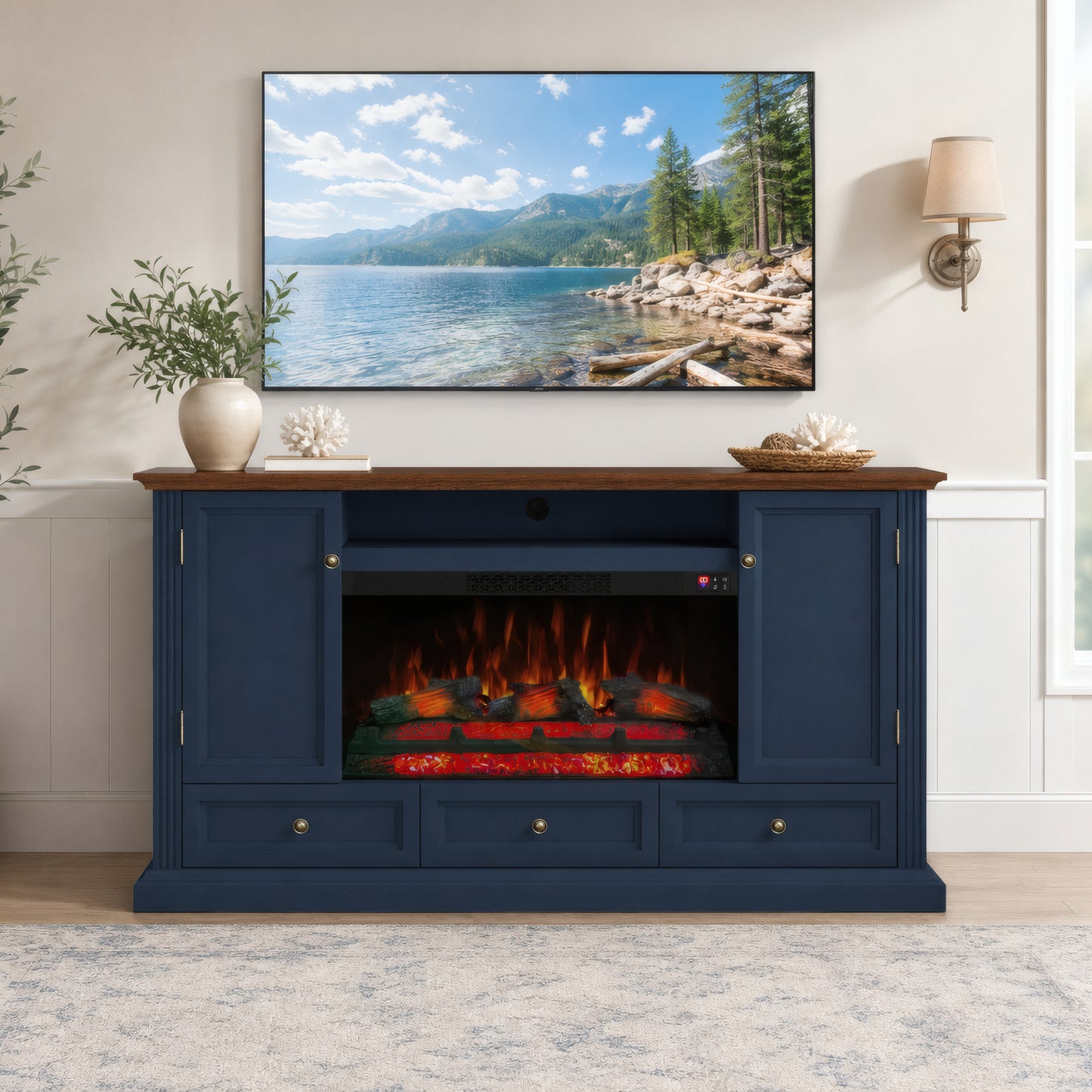Festivo FTS26011 67" TV Stand with 33" Electric Fireplace-Navy