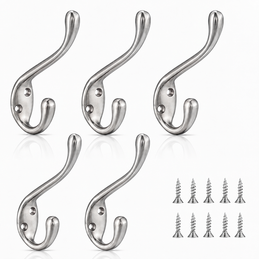 FESTIVITY LF6003BN-Brushed Nickel 5 Pack Premium Aluminum Alloy Coat Dual Hooks